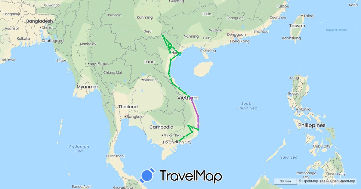 TravelMap itinerary: driving, bus, train, boat, motorbike in Vietnam (Asia)